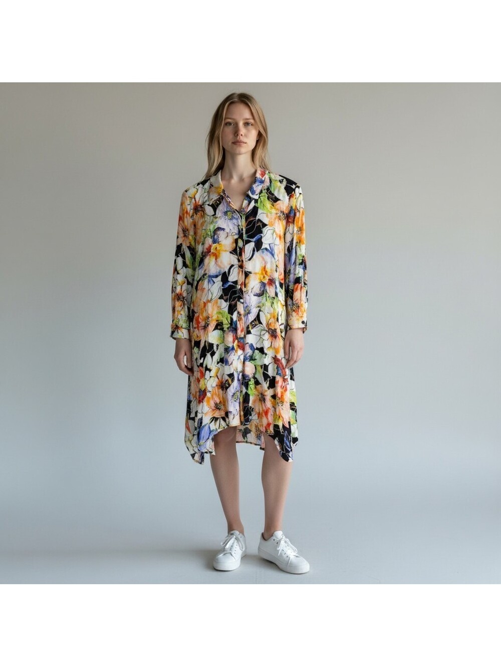Cupio Shirt Dress Women L Large Black Floral Midi Button Long Sleeve Collared